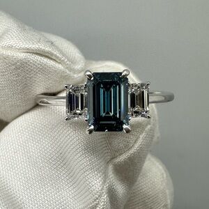 Blue Emerald Cut Lab Diamond 14KW Ring W IGI Report & Appraisal